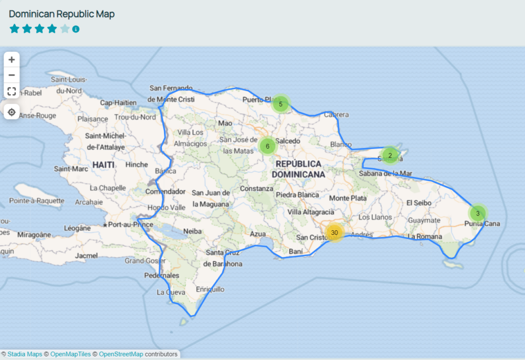 Mapa de República Dominicana donde se muestran los lugares donde se aceptan pagos con criptomonedas. Fuente BTC Map.