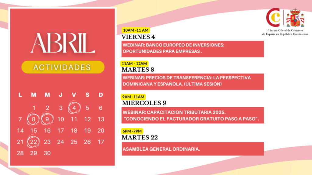 Calendario de actividades Camacoes RD 2025 para el mes de abril.